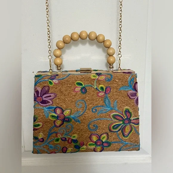Embroidered Floral Cork Top-Handle Bag - Picture 6 of 6